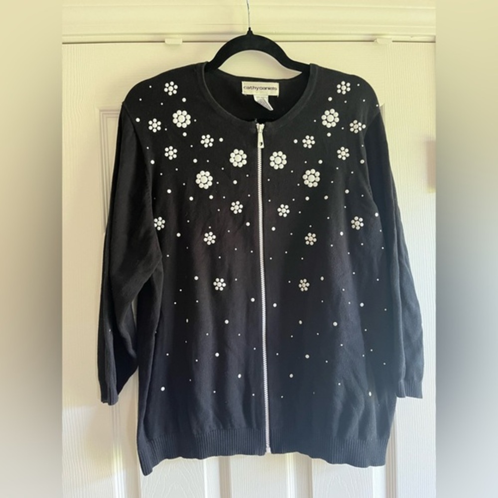 Cathy Daniels Black Zip Front Cardigan with White Floral Embellishments